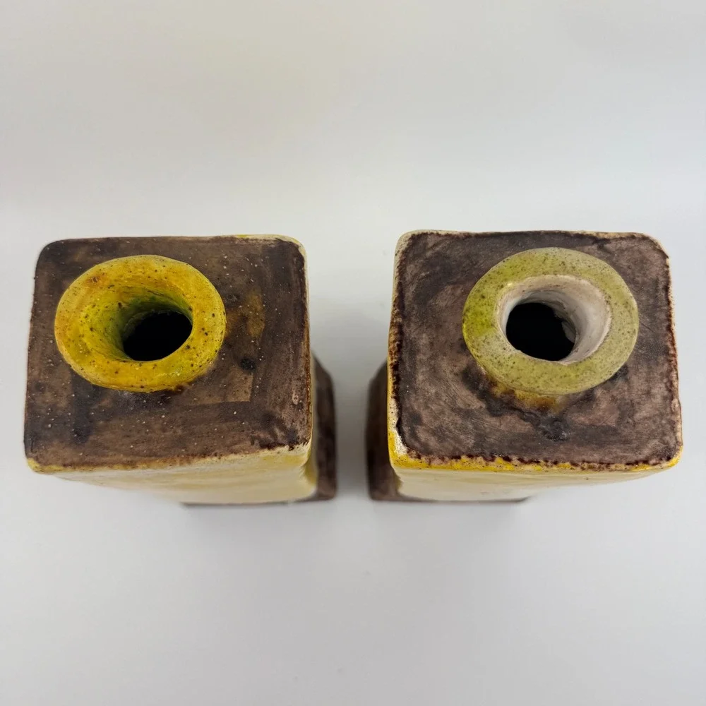 Vintage Studio Pottery Square Bottles Pair Mustard Yellow Drip Glaze Modern